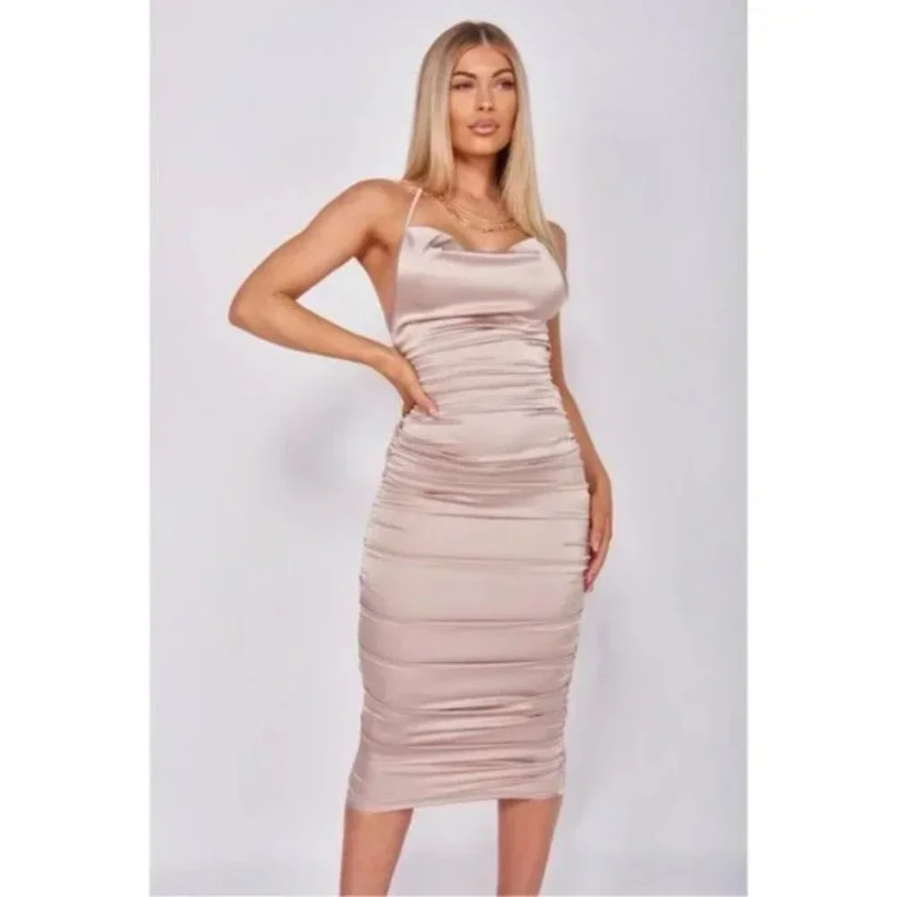 Nude Satin Sleeveless Halter Neck Cowl Neck Backless Ruched Bodycon Midi Dress - Picture 7 of 17